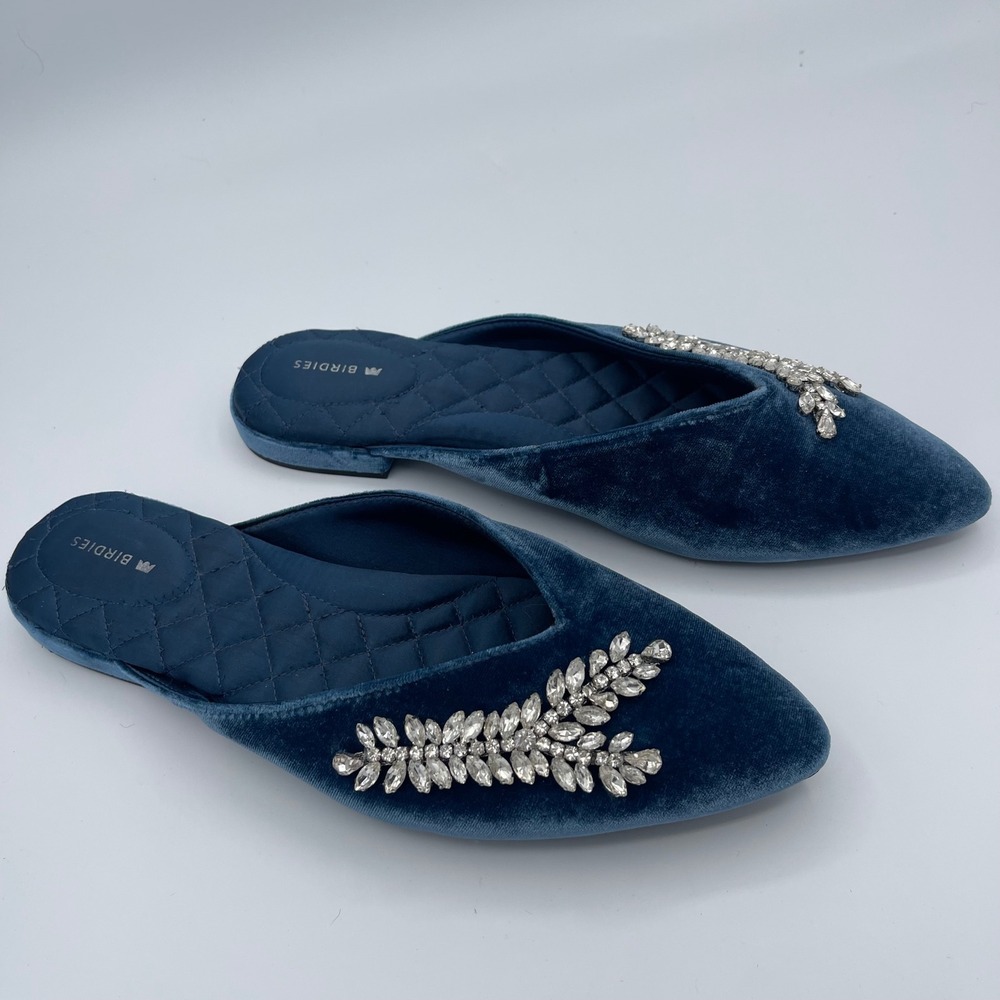 Birdies The Phoebe Velvet Mules Slate Blue Crystal Embellished Pointed Toe Sz 9